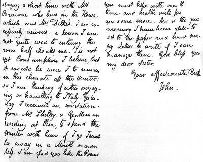 Brief an seine jüngere Schwester, Fanny Keats, in dem er erwähnt, dass er als Gast bei Mrs. Brawne wohnt, seine Krankheit, seine Pläne, Italien zu besuchen und die Einladung, den Winter in Pisa mit Shelley zu verbringen von John Keats